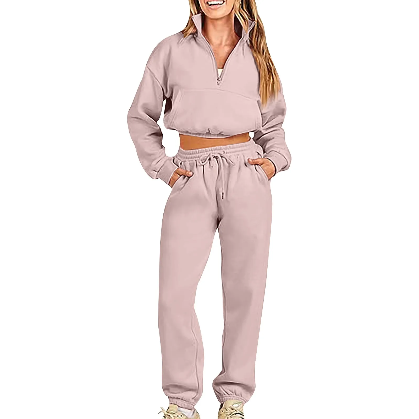 

Women Fleece Two Piece Set Autumn Winter Female Sports Warm Suit Casual Oversized Polo Zipper Sweatshirts And Trouser Tracksuits