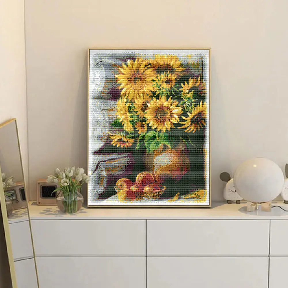 DIY Cross Stitch Sunflowers Cotton Thread Painting Embroidery Kits 14CT Home Decoration
