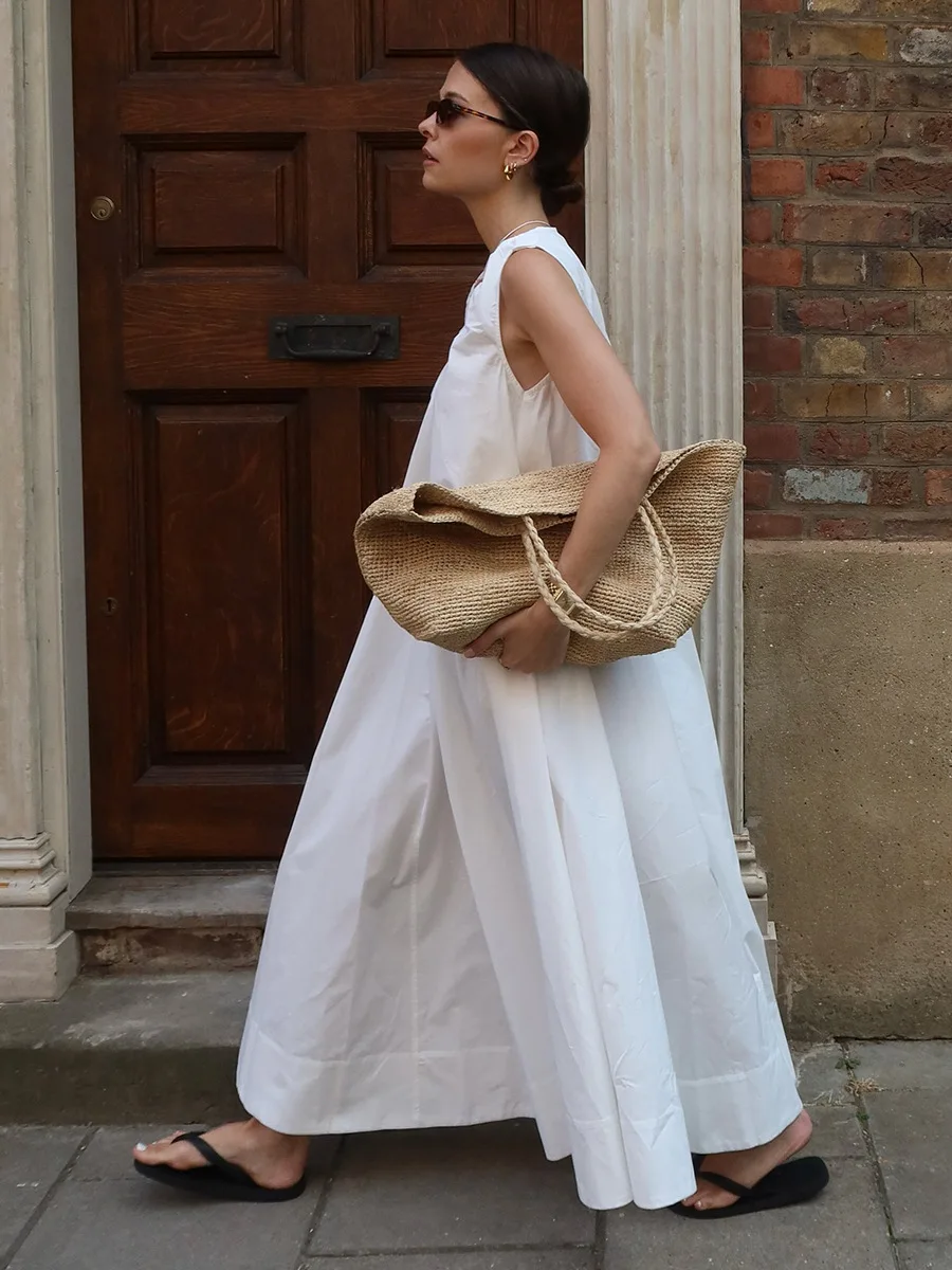 Bornladies Women's 2026 Summer New Sleeveless Dress 100% Cotton Refreshing Breathable Vacation Casual U-Neck Loose Maxi Dress