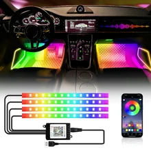 RGB 자동차 분위기 장식 램프, LED 인테리어 조명 스트립, 자동차 발 주변 조명, USB 담배 원격 음성 포함