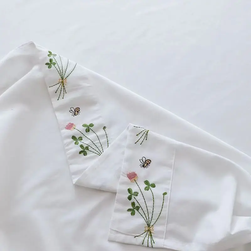 Pure White Bedding Sheet Floral Embroidery Flat Sheets 100% Cotton Bedding Luxury Bedspread Home Textiles Queen King Size 4