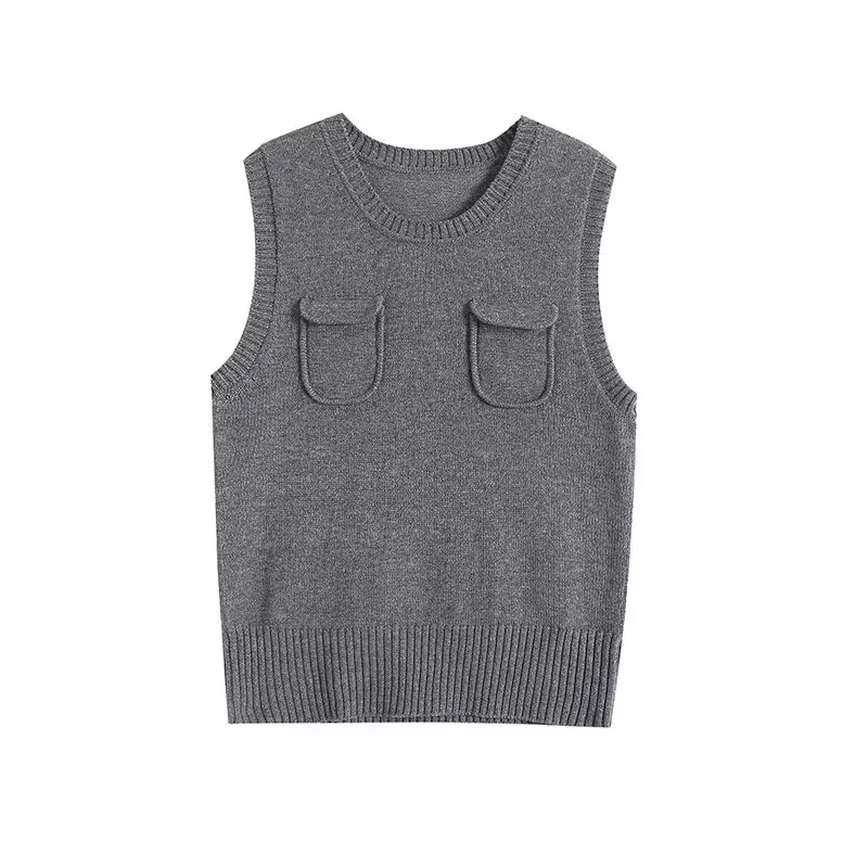 

Women's 2023 New Fashion Casual Joker Pocket Decorative Knitted Vest Sweater Retro Sleeveless Round Neck Chic Top