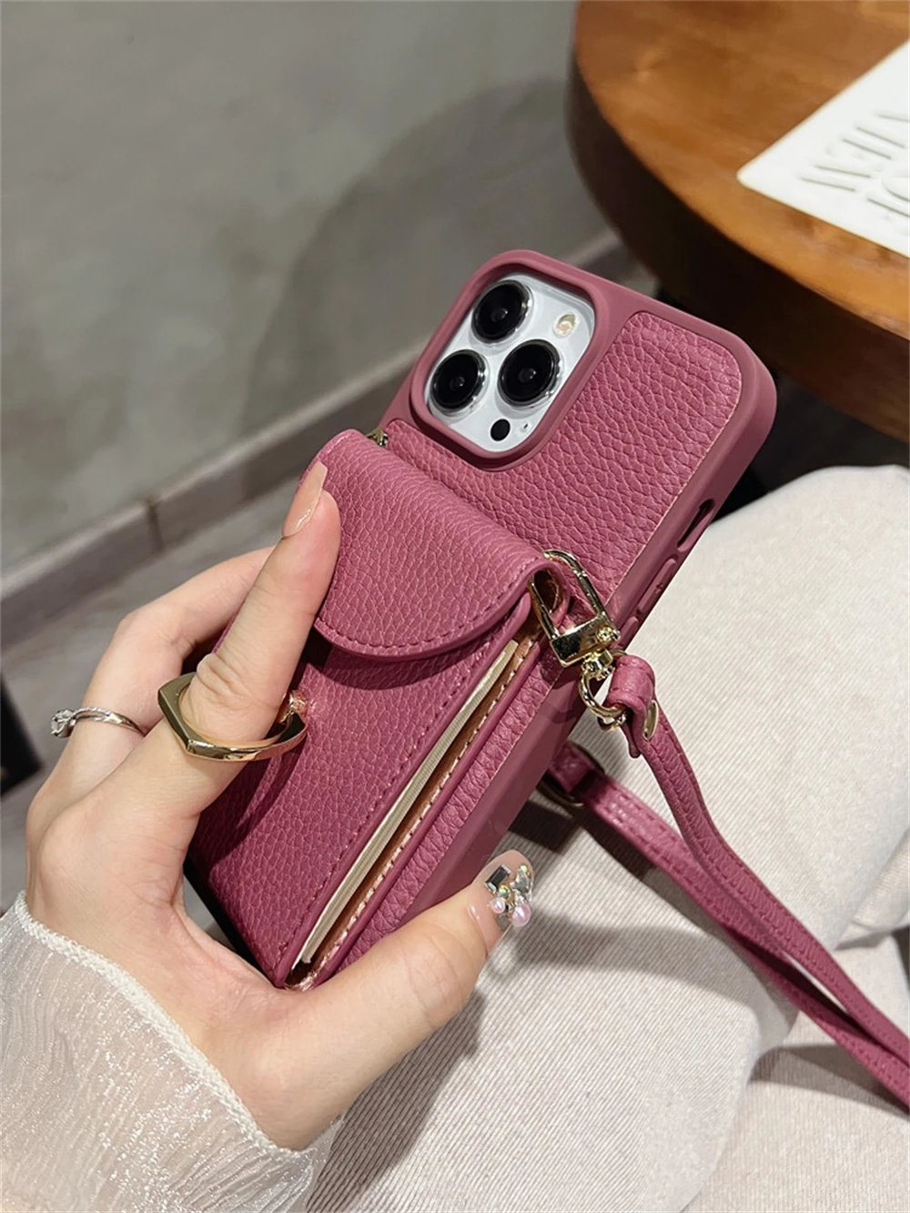 Estojo de Couro com Cordão Ajustável para Iphone Bolsa de Cartão Alça Transversal Anel de Metal Tampa com Carteira Slot para Iphone 14 13 12 11 Pro Max - Image 3