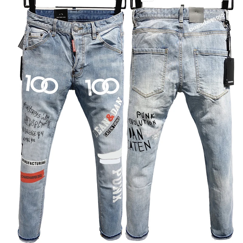 

100 Chareharper dsq 1116 Men`s jeans quadratic slim cotton elastic light color printing laser process Tear Process Italian pants