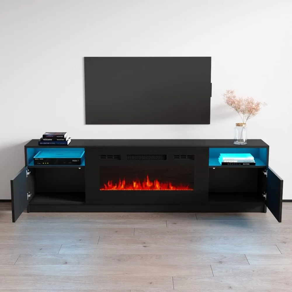 TV Stand with Electric Fireplace - Modern High Gloss TV Stand with Storage Cabinets and Led Lights 4