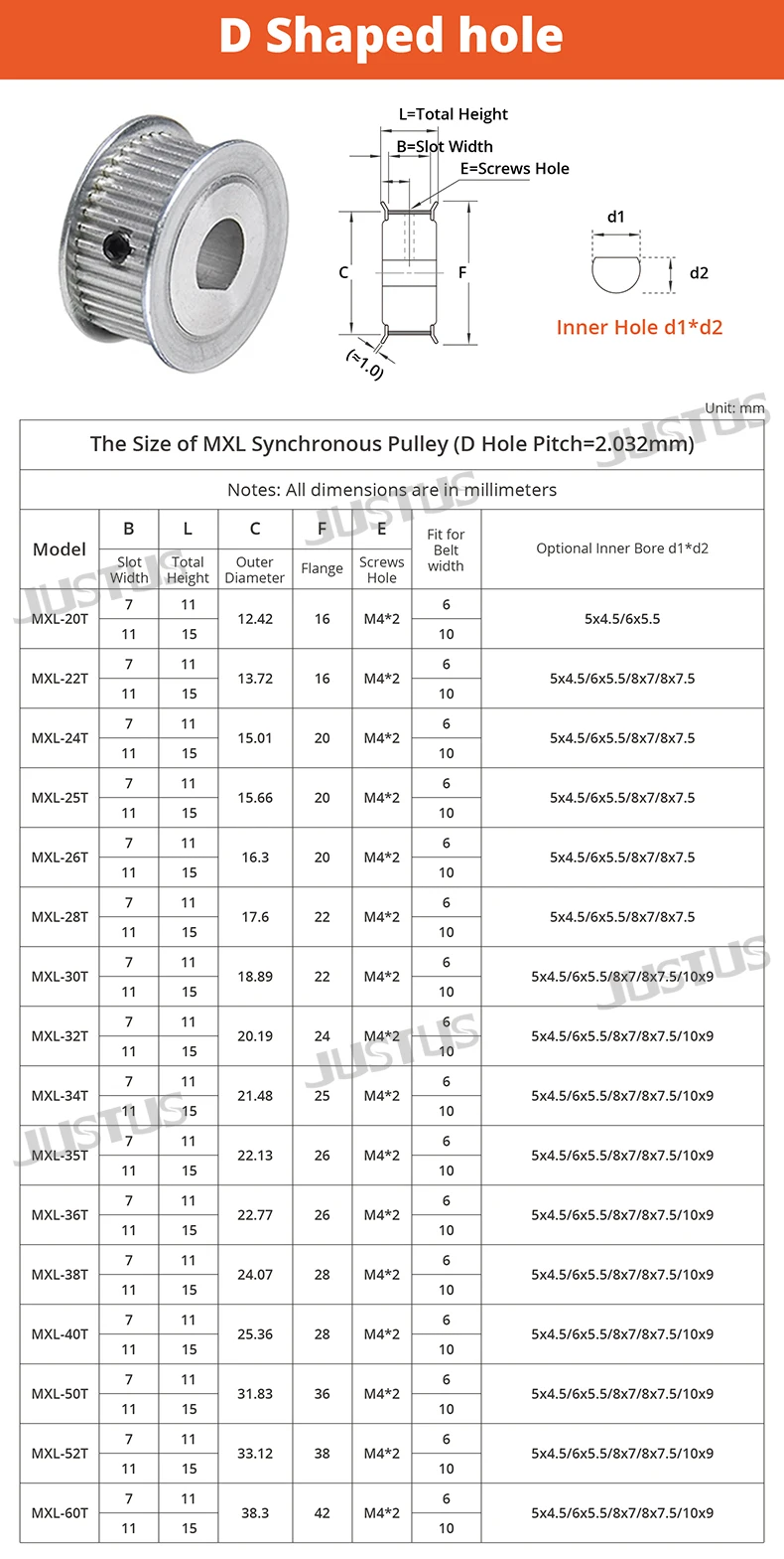 Description Picture 2 of item1PC MXL Timing Pulley 30T/32T/34T/35T/36T/38T Synchronous Wheel D-hole 5x4.5/6x5/6x5.5/8x7/8x7.5/10x9mm pitch 2.032mm