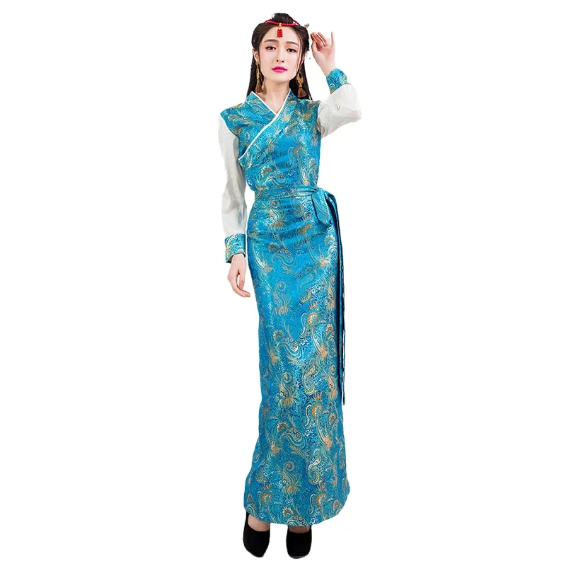 Tibetan Dress Blue Red Long Dress Women Oriental Qipao Lhasa Bora Clothing Satin Robes Cheongsams National Style Chinese Skirt