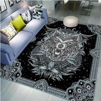 Wolf Carpet Bohemian Mandala Flower Area Rug for Living Room Bathroom Laundry Room Decor Wild Animal Doormat Non-Slip Floor Mat