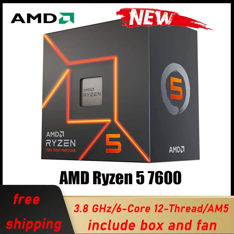 NEW AMD Ryzen 5 7600 R5 7600 3.8GHz 6 core 12 thread ZEN4 CPU processor  PCIE5.0 65W 5NM L3=32M DDR5 100-00001015 LGA AM5 no fan