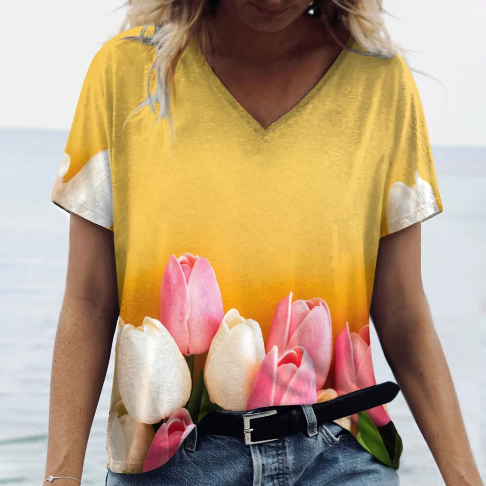 Camicia grafica girasole per donna carino fiore manica corta Casual Tee Top Medium Pack, Giallo, M