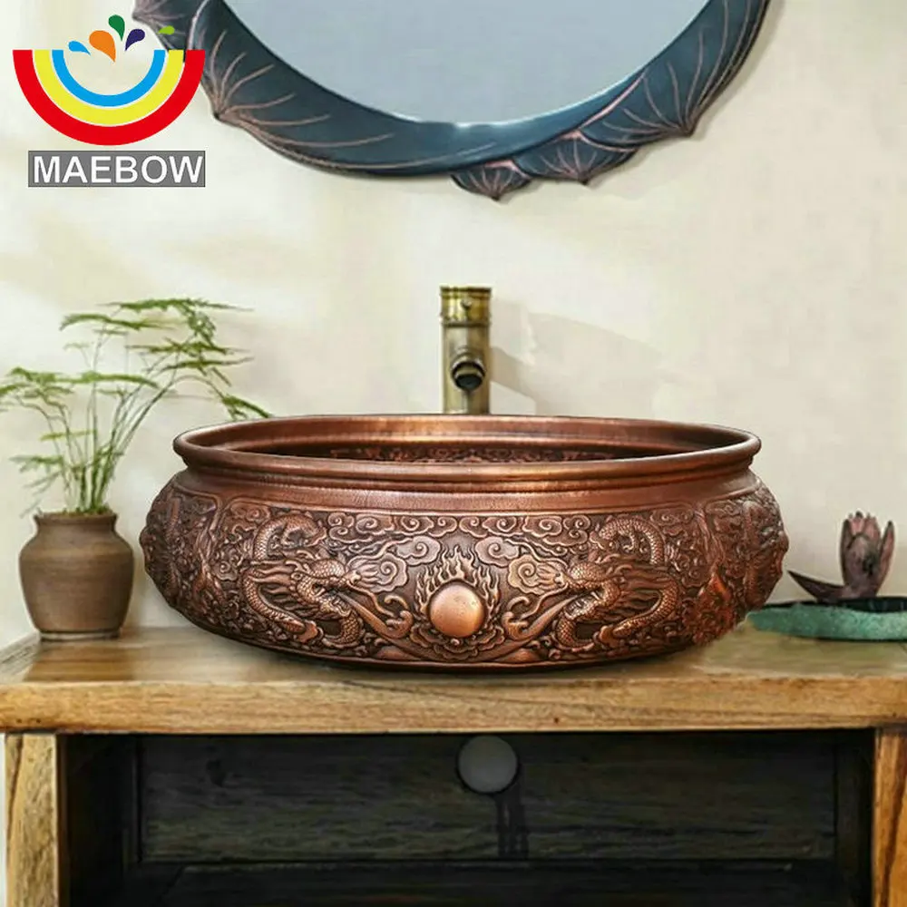 MAEBOW 38 ซม.Handmade ศิลปะแกะสลักมังกรทองแดงห้องน้ําอ่างล้างจานอ่างล้างหน้ารอบอ่างล้างจาน 1