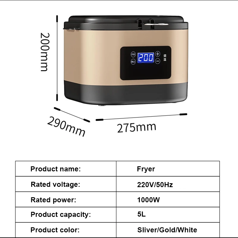 Electric Deep Fryer Oil Oven Hotpot Adjustable Thermostat Frying Machine Heating Pot Cooker 5L