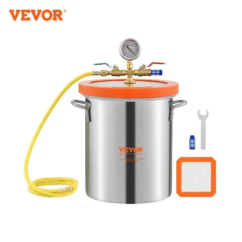 

VEVOR 3/5 Gallon Upgraded Tempered Glass Lid Vacuum Degassing Chamber 304 Stainless Steel for Stabilizing Wood, Resin Degassing