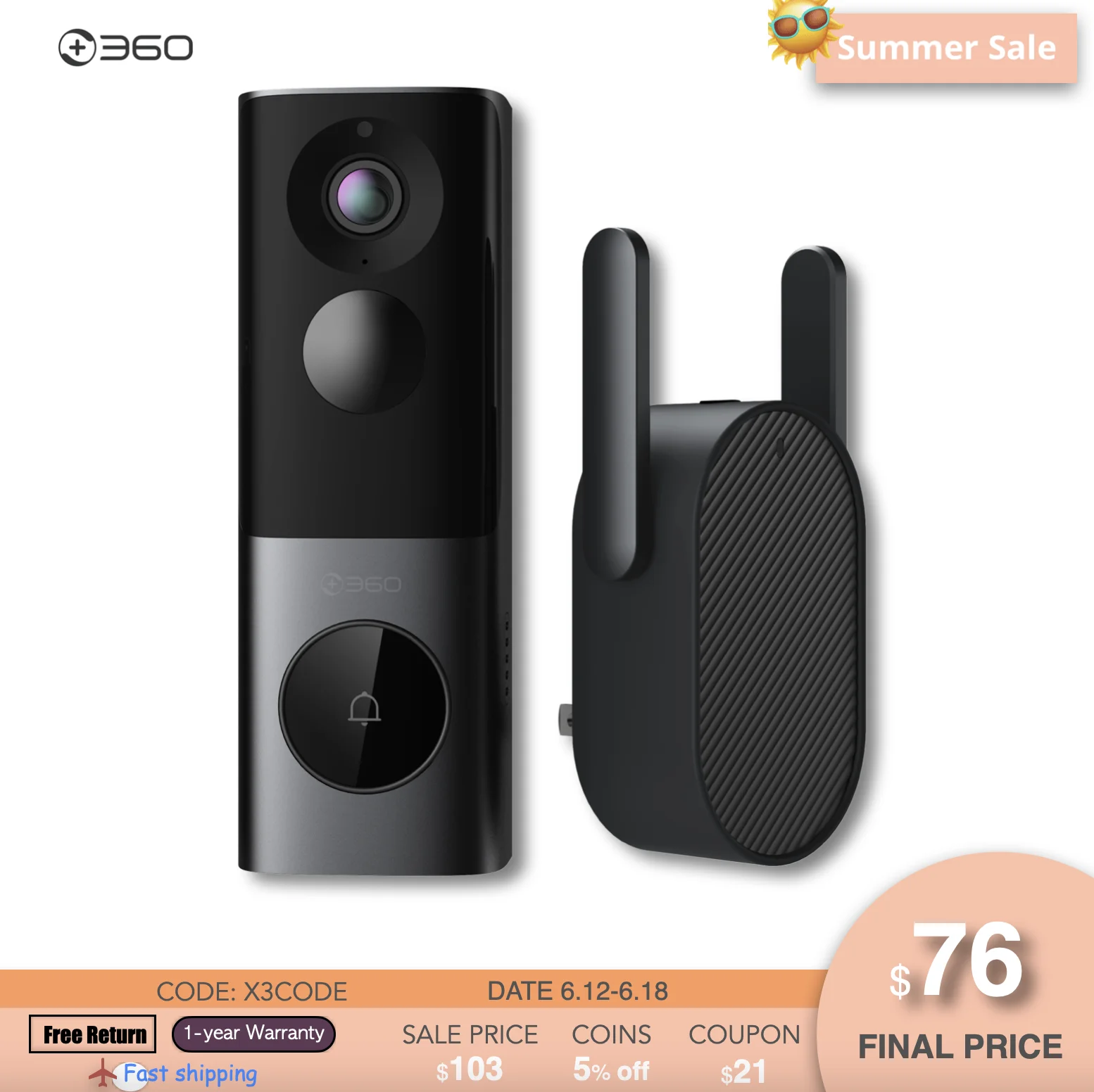 360 Smart Home Video Doorbell X3 Wireless Wifi Door Bell 5mp 1920p