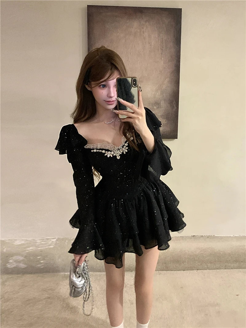 Y2K Black Short Dresses for Women Diamonds Square Collar Flare Sleeve High Waist A-line Birtheday Party Dress Prom Mini Vestidos
