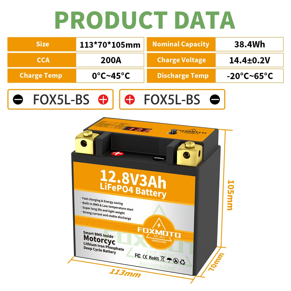 Fox5L-Bs 12V 38.4Wh Cca 200A Bms Moto Start Batteria 12.8V Litio Ferro Fosfato Scooter Lifepo4 Batterie Ytx5L-Bs Ytx5L