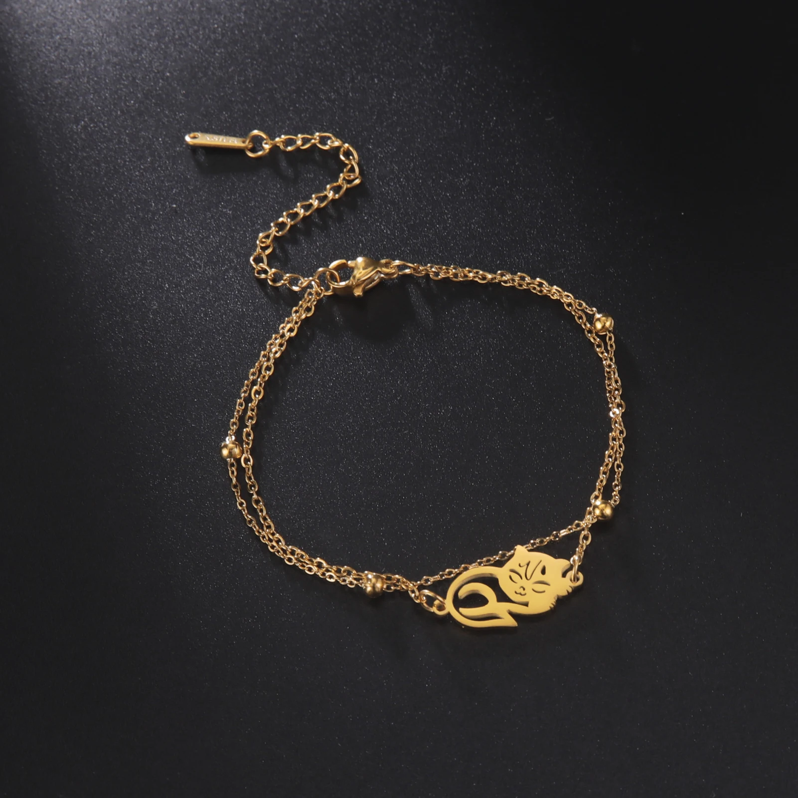 Cute Lying Cat Charm Bracelet for Women Stainless Steel Animal Kitten Wax Rope Hand Bracelet Jewelry - PeticaDeals