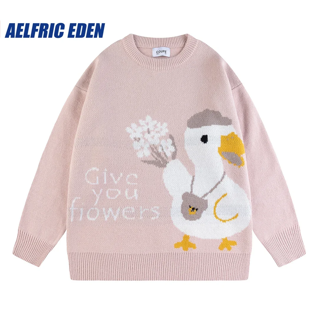 Japanese Harajuku Vintage Sweater Men 2023 Autumn Winter Cartoon Duck Loose Knitted Sweater Hip Hop Streetwear Knitwear Pullover 