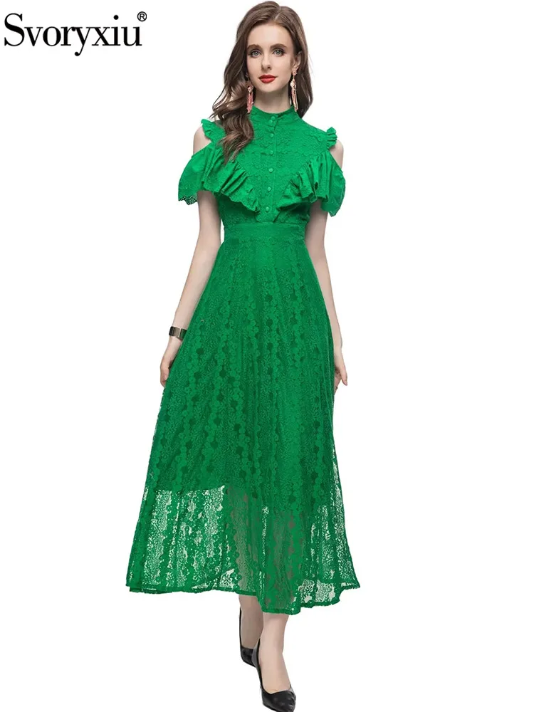 

Svoryxiu Summer Fashion Green Color Elegant Party Long Dress Women's Stand Collar Strapless Flounces High Waist Big Swing Dress