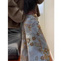 American Retro Floral Print Loose Jeans Women's Wide Leg Denim Pants Autumn Winter plus Size Slimming Floor-Length Trousers
