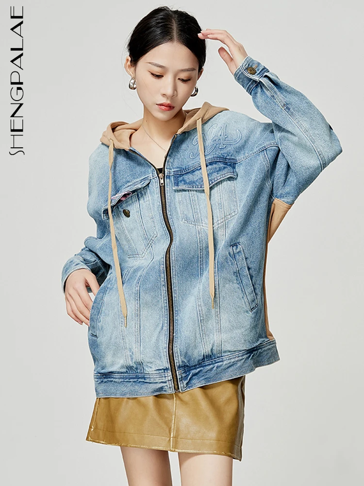 

SHENGPALAE Vintage Women Denim Patchwork Hooded Coat Autumn 2023 New Female Zipper Contrast Color Niche Design Outwear 5R6489