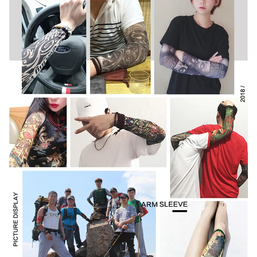 8pcs Men Long Summer Tattoo Sleeves Seamless Armguard Sun Protection Cover Outdoor Gloves Driving Ice Silk Women Arm Sleeves