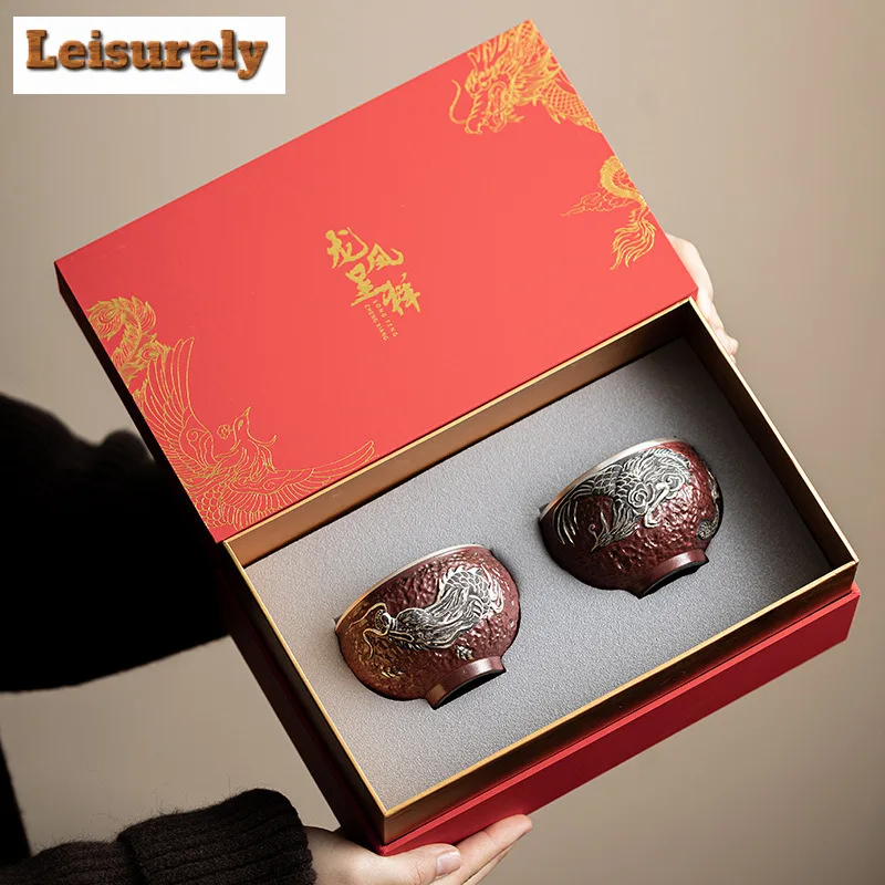 2pc/lot Palace Museum Red Ceramic Teacup Dragon And Phoenix Master Cup Couple's Tea Bowl Tasting Personal Chazhan Teaset 150ml