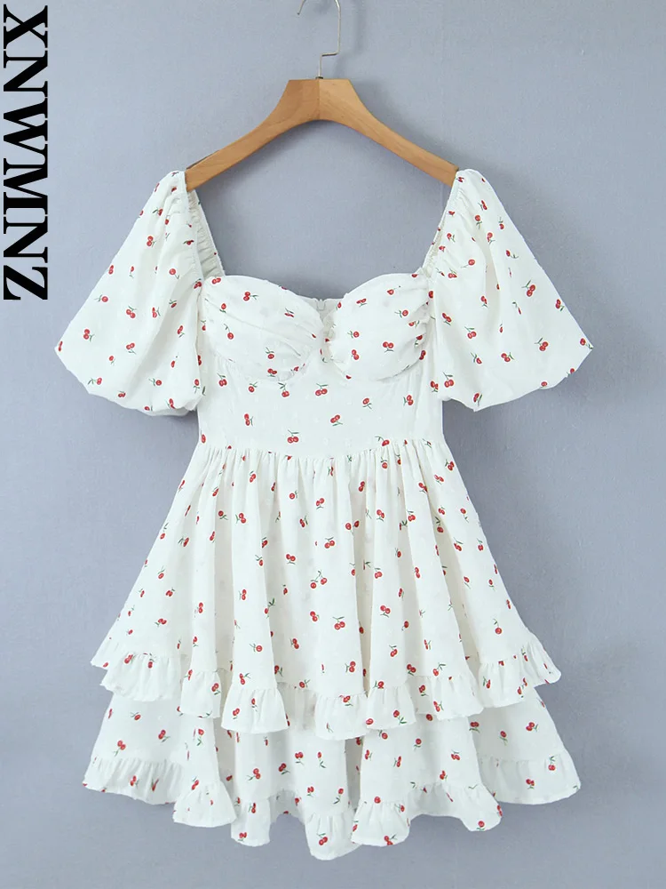 

XNWMNZ 2023 Women Fashion French Retro Print Mini Dress Holiday Square Neck Bubble Sleeve Back Zipper Layered Female Dresses