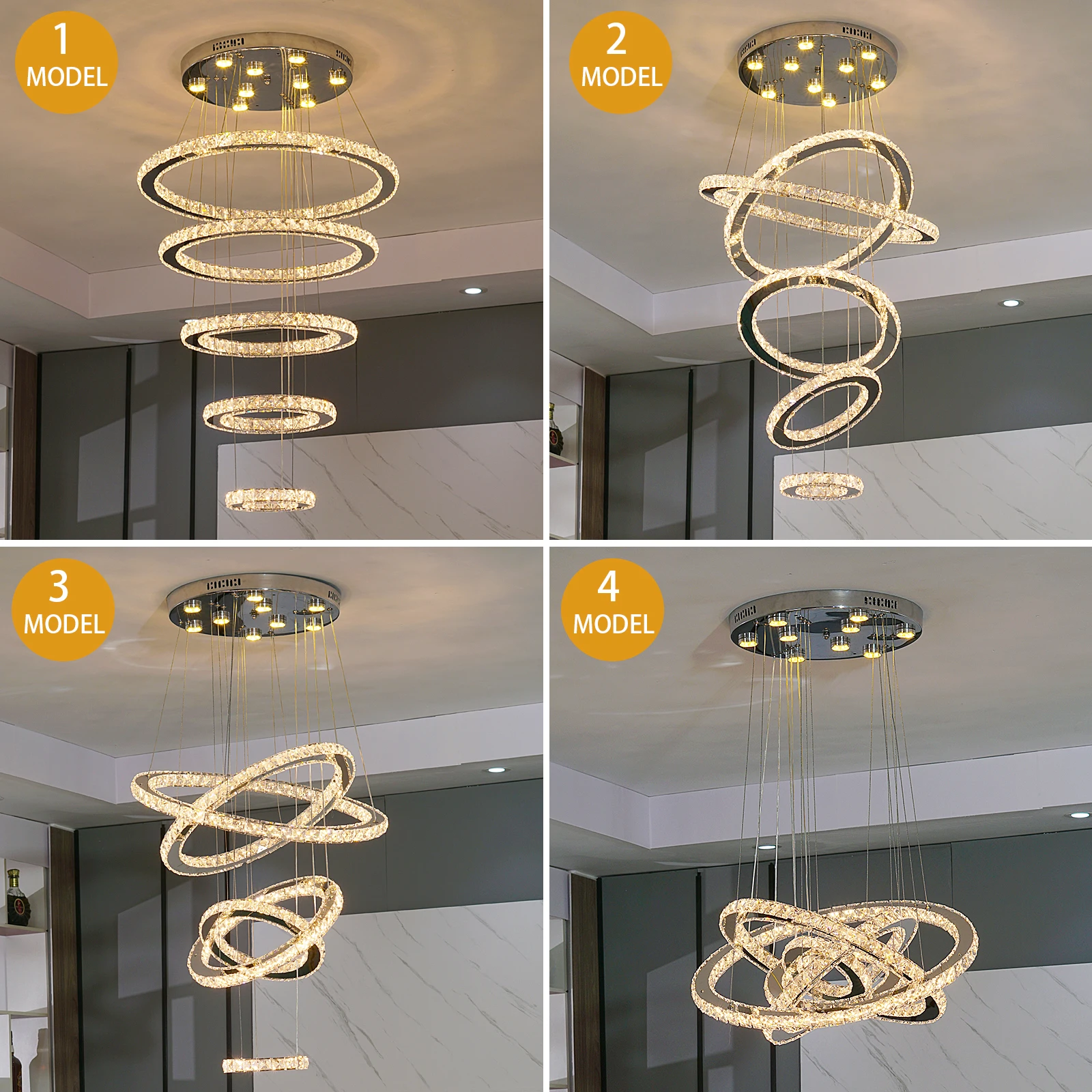 round chandelier Luxury Diamond 5 Rings Circle Crystal LED Chandelier Lighting Fixture Crystal Pendant Hanging Lamp Stair Hall Dimming Lustres chandelier ceiling light