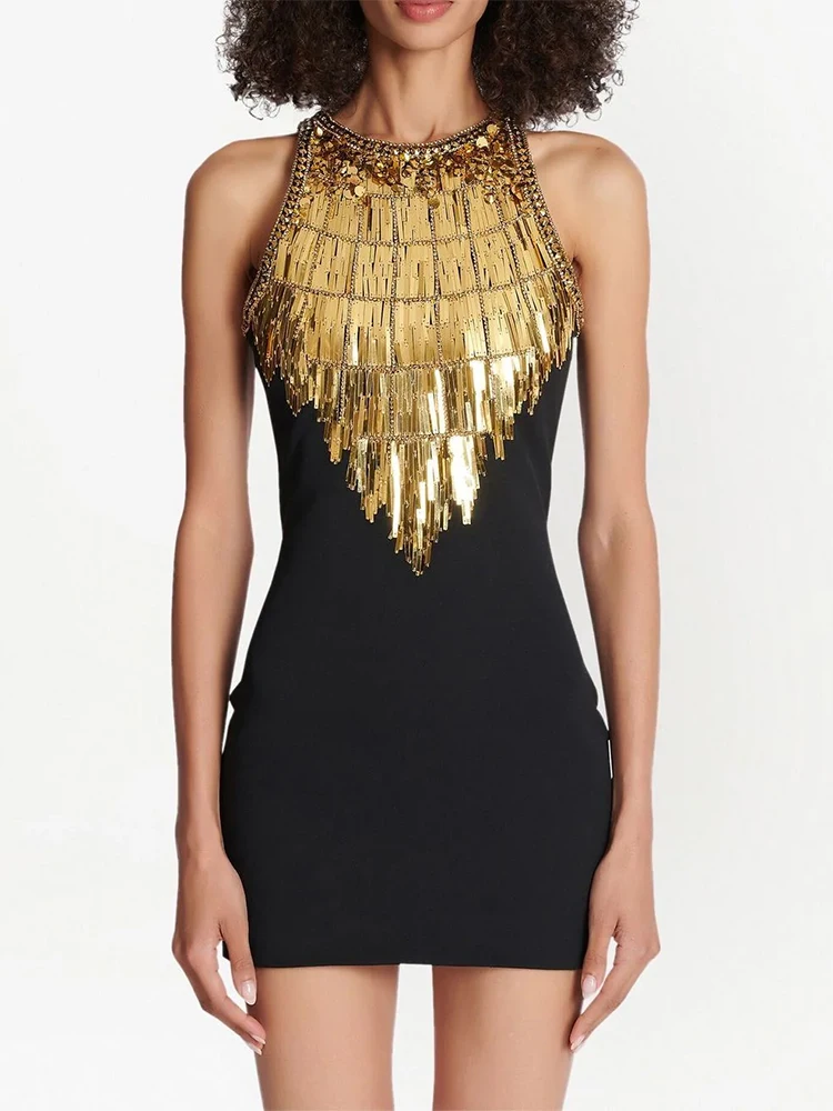 

Женское платье-чехол без рукавов, стильное платье на бретелях с металлическими стразами и блестками, 2024