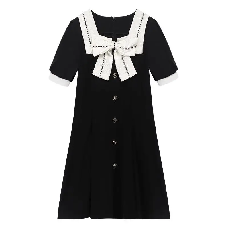 

Sweet Square Collar Button Spliced Bow Puff Sleeve Mini Dress Female Clothing 2024 Summer New Loose All-match Princess Dress