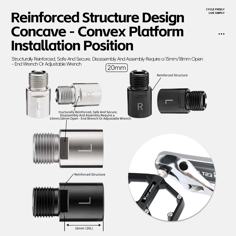 WEST BIKING Bicycle Pedal Extender 20mm Chromoly Steel Pedal Axle Extender Crank Arm Spacer For MTB Road Bike Pedals Extension