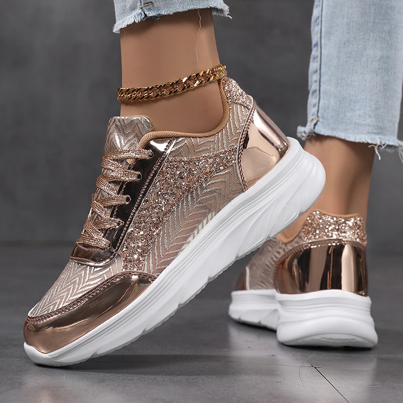Moipheng Platform Shoes for Women Gold Sparkle Mesh Casual Sneakers Breathable Soft Ladies Lightweight Thick Soled Shoes Summer