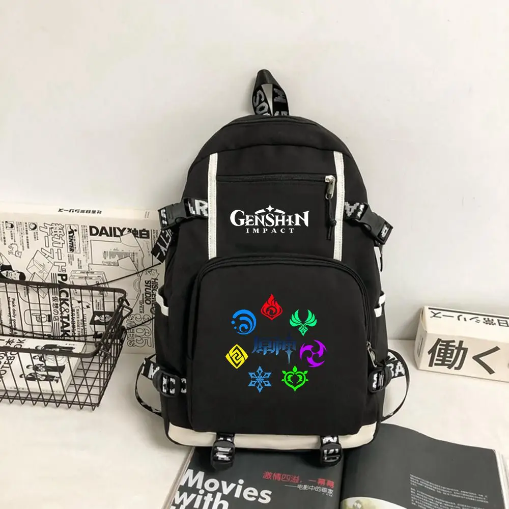 Men Women Nylon Backpack Schoolbag Anime Genshin Impact Element Backpacks Shoulder Travel Bags Kids Teens Mochila Bookbag Gift