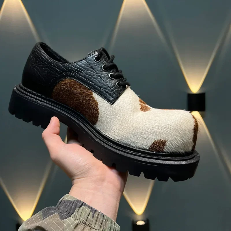 Horsehair Debi Same Men and Women Milk Mandarin Ducks Small Leather Lace-up Thick Heel Platform Soft Single Casual Shoes