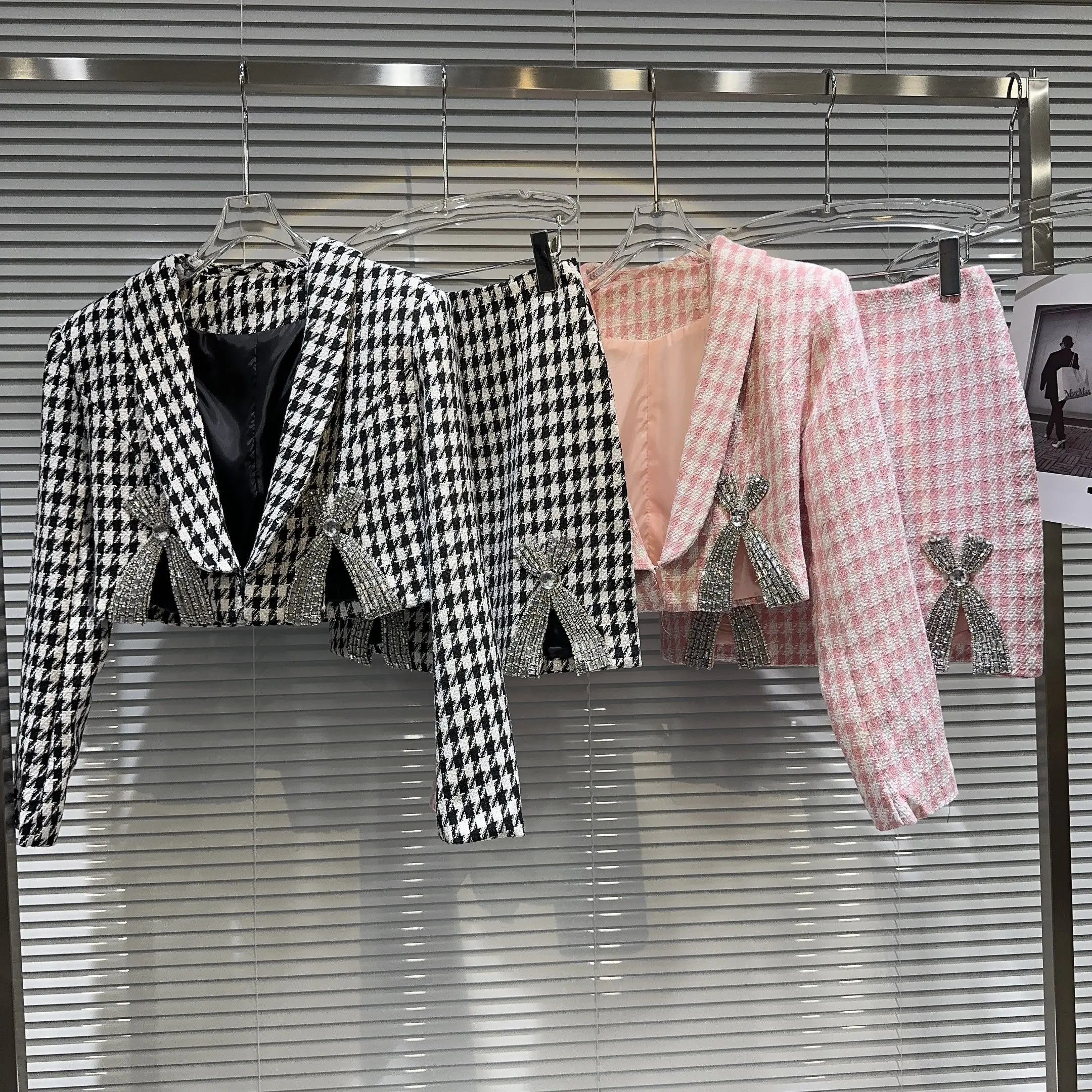 

2023 Autumn New Arrival Bow Plaid Blazer Jacket Short Bodycon Skirt Two Set Women Outfits