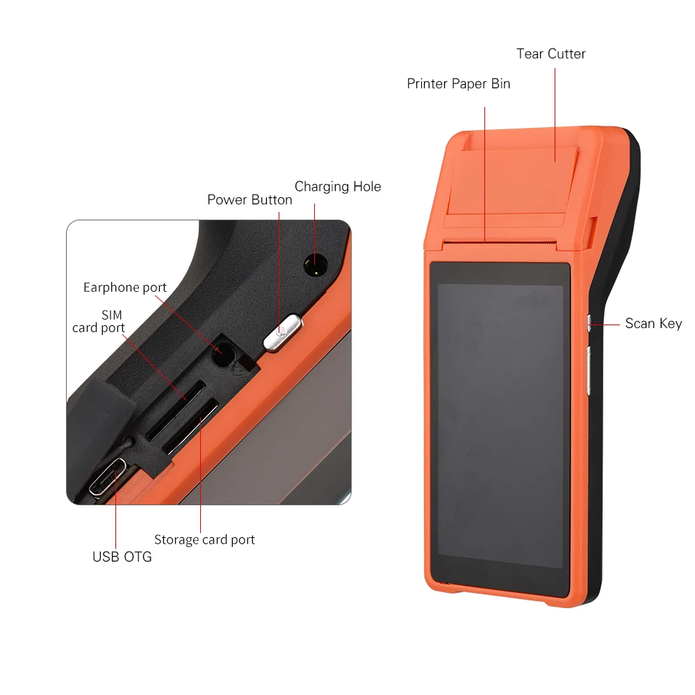 Handheld PDA Printer Smart POS Terminal Wireless Portable Printers Intelligent Payment Terminal Function BT/ WiFi/ USB OTG/ 3G