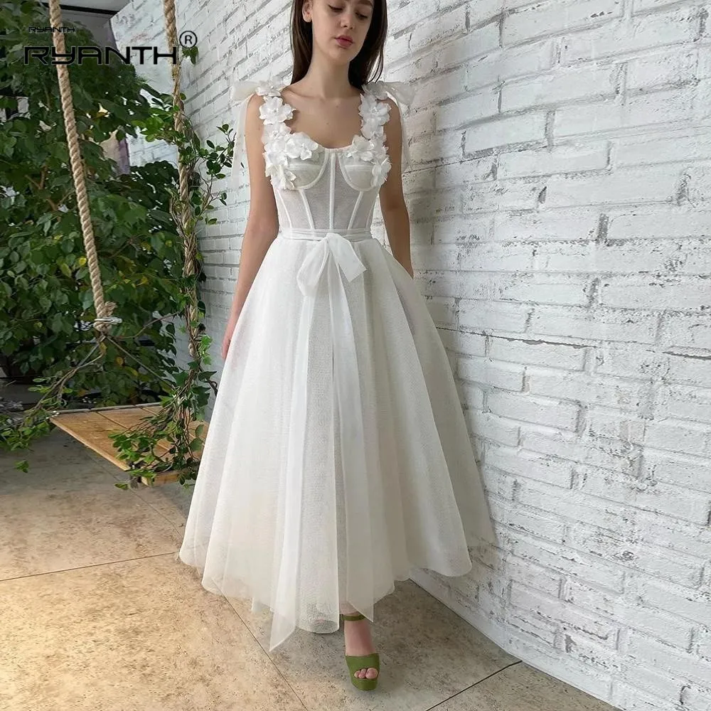 

Sweet Neck Tulle Ball Dress Bowtie Flower Application Ankle Length A-Line Party Evening Dress Vestidos De Fiesta