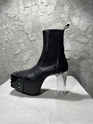 Owen Seak Men Platform Chelsea Kiss Boots High-TOP Genuine Leather Women High Heels Luxury Trainers Autumn Black Shoes