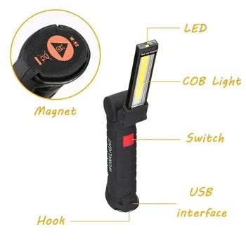USB 다기능 COB 자석 LED 빨간색 경고등, 강력한 손전등, 유지 보수 작업 조명, LED 손전등, 플래시 캠핑 조명