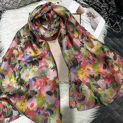 Elegant Orange and Blue 100% Mulberry Silk Floral Scarf - Versatile Summer Wrap/Shawl (Green pink floral)