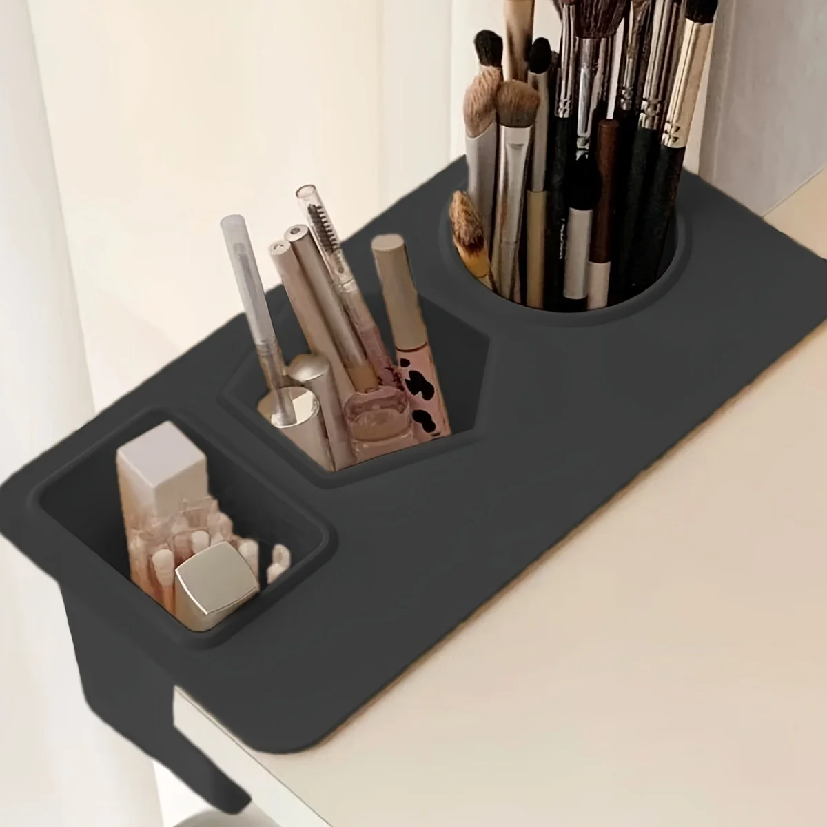 Plastic Desk Organizer 3-Compartment Stick-On Storage Box Large Capacity for Makeup Brushes Lipsticks Pens Office School Use