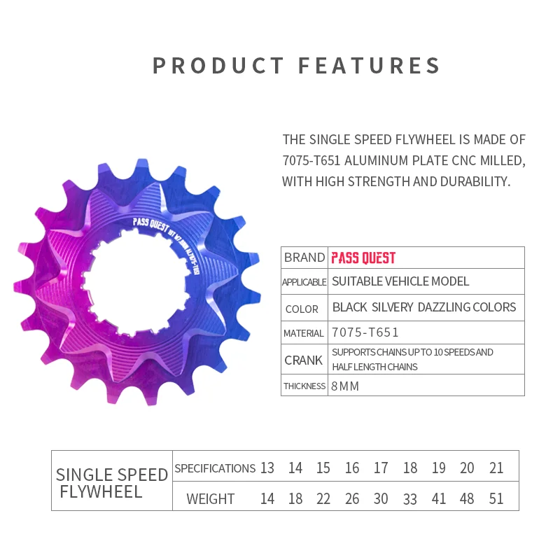 PASS QUEST Single Speed Cassette Ultralight Flywheel Cog 13T 14T 15T 16T 17T 18T 19T 20T 21T MTB Bike Sprocket