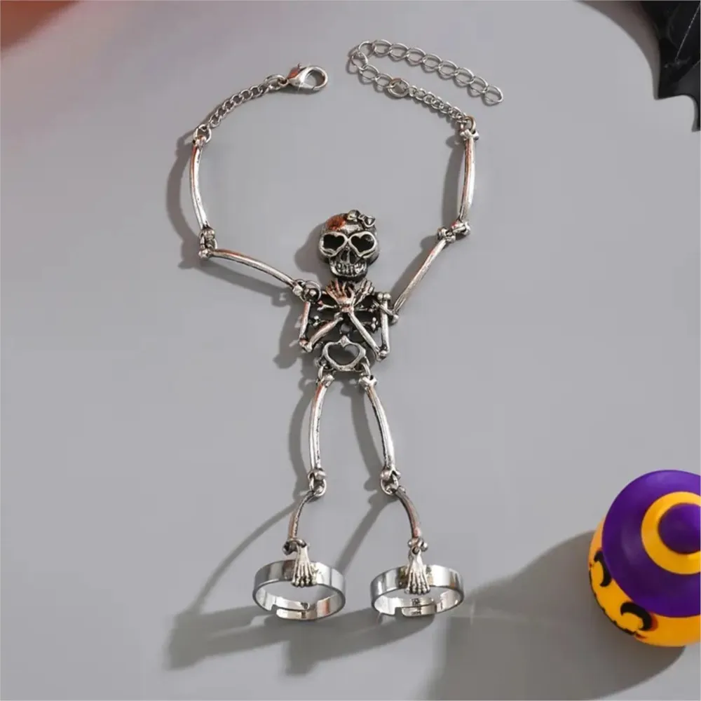 Silver Color Gothic Punk Geometric Hollow Skull Skeleton Link Ring Bracelet for Women Hip-hop Bracelets Halloween Jewelry Gifts