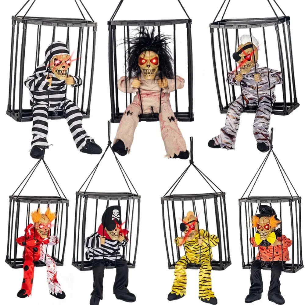 

Electronic Components Halloween Prisoner Cage Ghost Decorative PP Vocalize Luminous Skull Figurine Motion Sensor