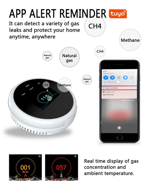 Tuya Wifi Natural Gas Leakage Detector Sensor Smart Alarm Gas Fire Security Digital LED Temperature Display for Home Kitchen 2