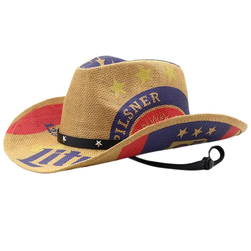 

Классическая соломенная шляпа со звездным узором, пляжная широкополая панама в стиле вестерн, родео, повседневная одежда для и