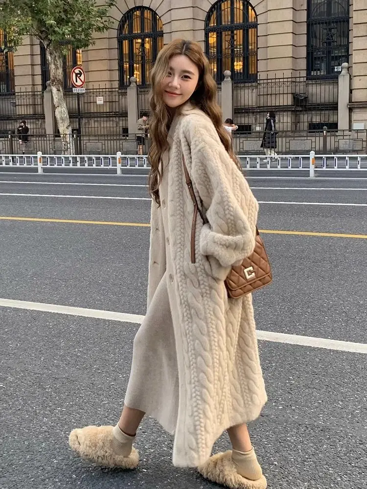 Winter Long Fur Coat Women Thickened Warm Faux Mink Jacket Long Sleeve Single-breasted Korean Chic Windproof Outerwear New