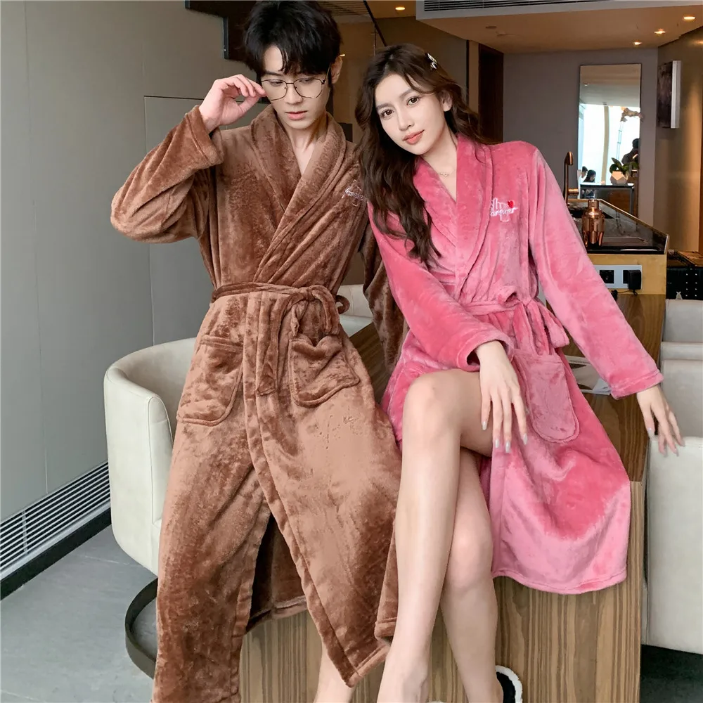 Flannel couple nightgown bathrobe winter thickening and lengthening men and women sexy coral fleece large lapel home service