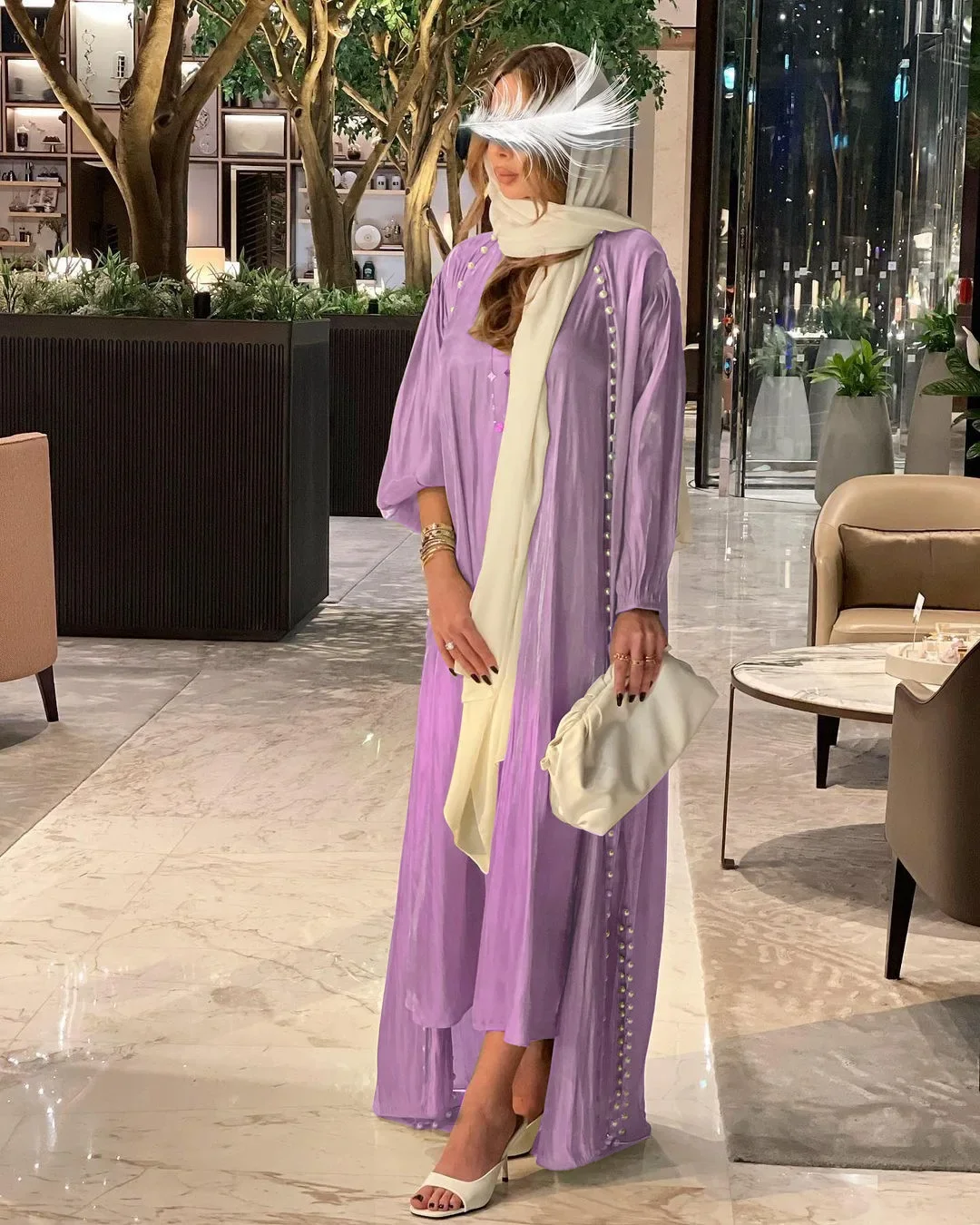 Beads Silky Satin 2 Piece Abaya Set Party Evening Sleeveless Dress+Kimono Dubai Modest Islamic Muslim Suit Sets Women (No Hijab)